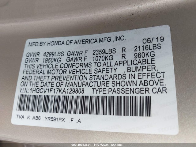 Honda ACCORD LX 2019 1HGCV1F17KA129808 Image 9