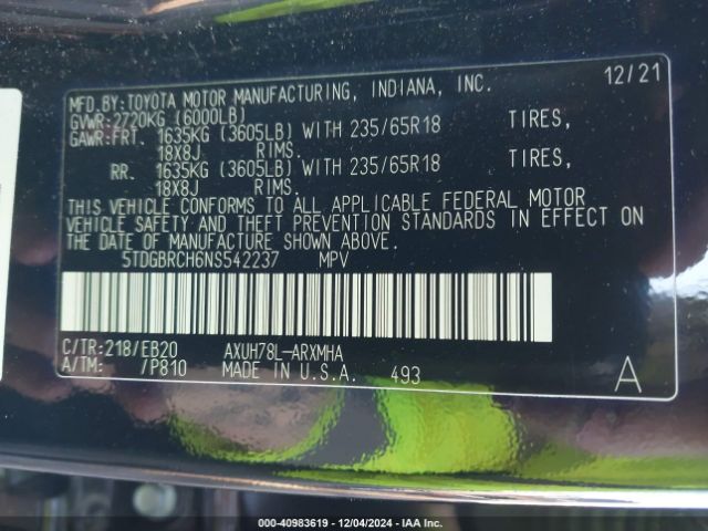 5TDGBRCH6NS542237 Toyota Highlander Hybrid Xle