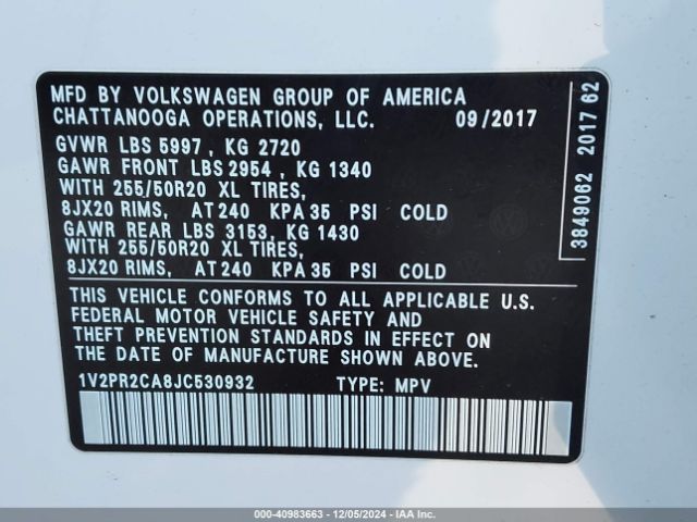 1V2PR2CA8JC530932 Volkswagen Atlas 3.6l V6 Se W/technology