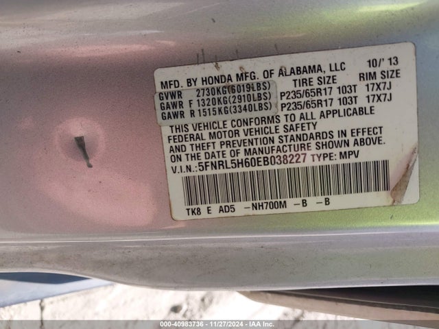 5FNRL5H60EB038227 Honda Odyssey Ex-l