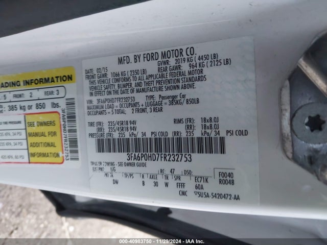 Ford FUSION SE 2015 3FA6P0HD7FR232753 Image 9