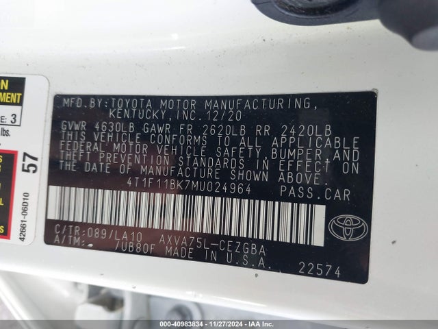 Toyota CAMRY XLE 2021 4T1F11BK7MU024964 Image 9