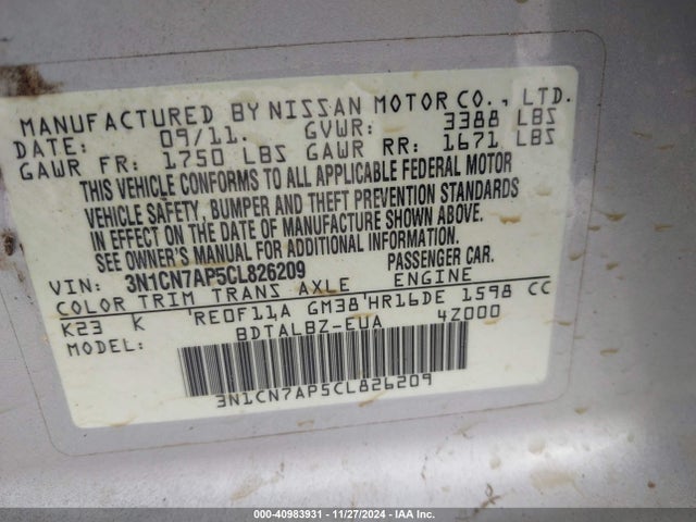 Aukcja sprzedaży 2012 Nissan Versa 1.6 Sv, vin: 3N1CN7AP5CL826209, numer aukcji: 40983931