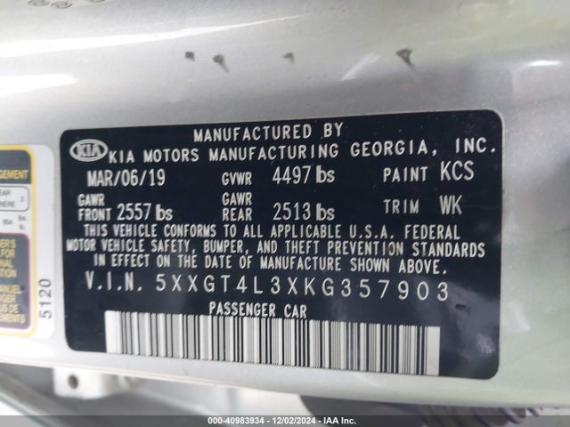 40983934 :رقم المزاد ، 5XXGT4L3XKG357903 vin ، 2019 Kia Optima Lx مزاد بيع