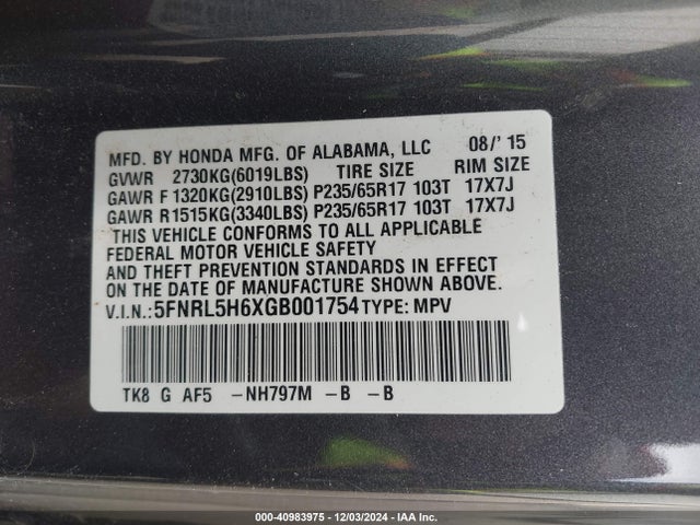 5FNRL5H6XGB001754 Honda Odyssey Ex-l