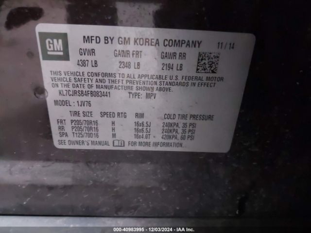 KL7CJRSB4FB083441 Chevrolet Trax Lt