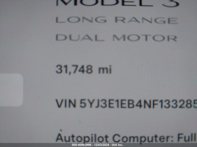 5YJ3E1EB4NF133285 Tesla Model 3 Long Range Dual Motor All-wheel Drive