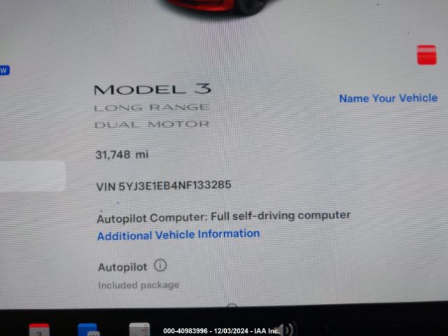 5YJ3E1EB4NF133285 Tesla Model 3 Long Range Dual Motor All-wheel Drive