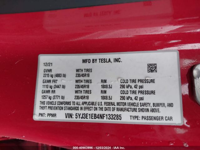5YJ3E1EB4NF133285 Tesla Model 3 Long Range Dual Motor All-wheel Drive
