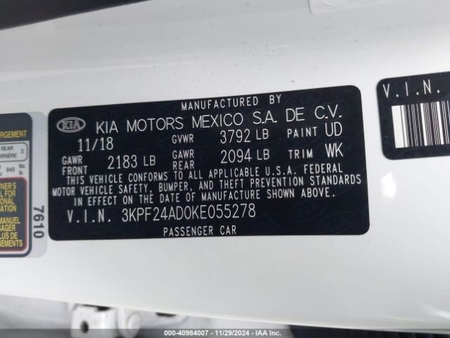 3KPF24AD0KE055278 KIA Forte Lxs