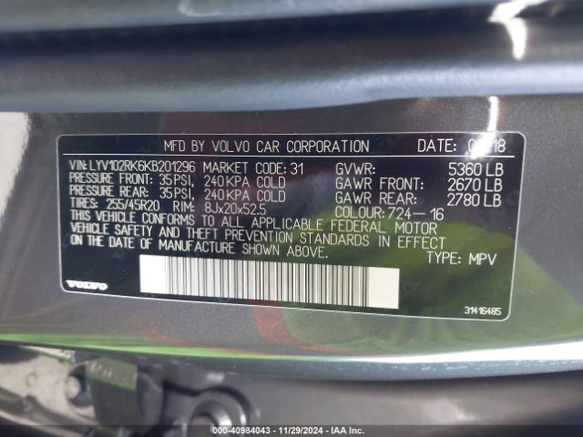 LYV102RK6KB201296 Volvo Xc60 T5 Momentum