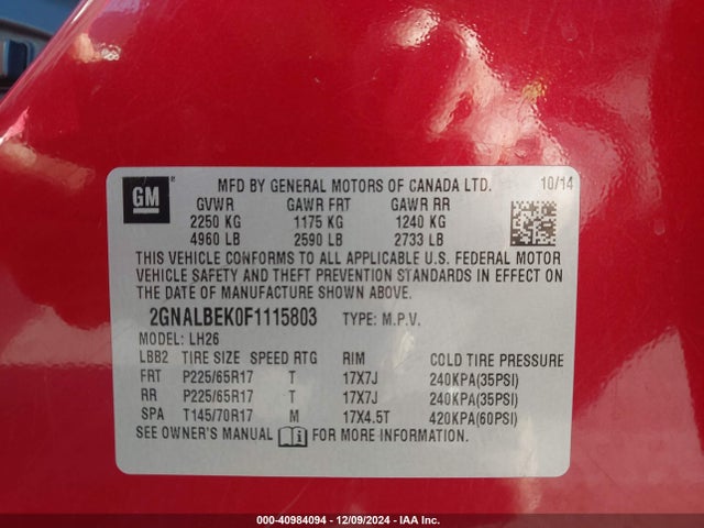 Chevrolet EQUINOX 1LT 2015 2GNALBEK0F1115803 Image 9