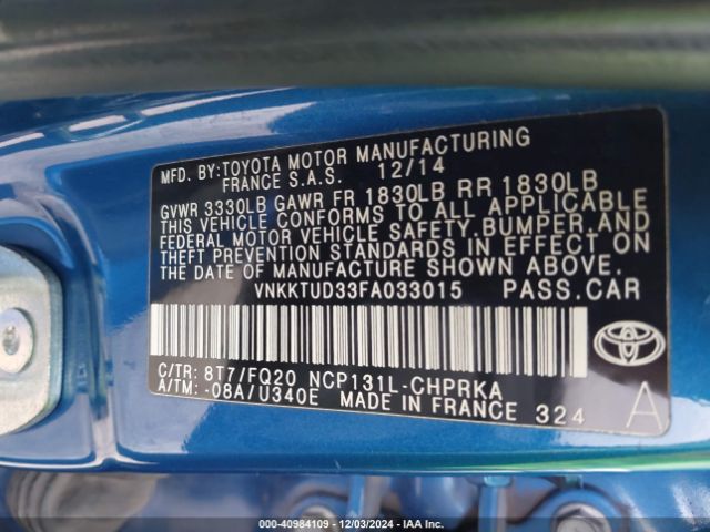 VNKKTUD33FA033015 Toyota YARIS L