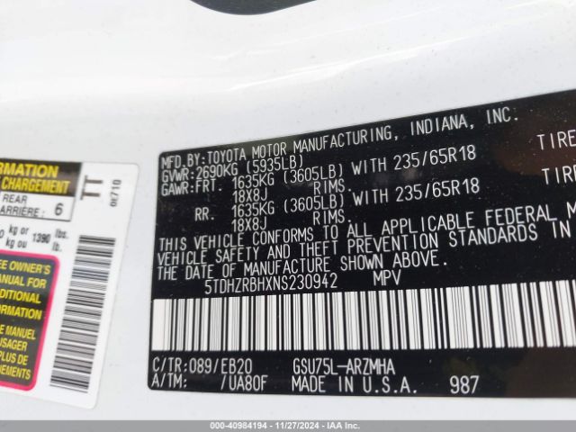 5TDHZRBHXNS230942 Toyota Highlander Xle