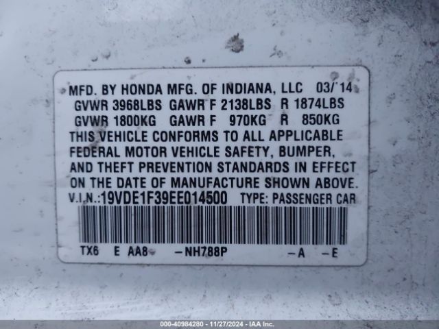19VDE1F39EE014500 Acura Ilx 2.0l