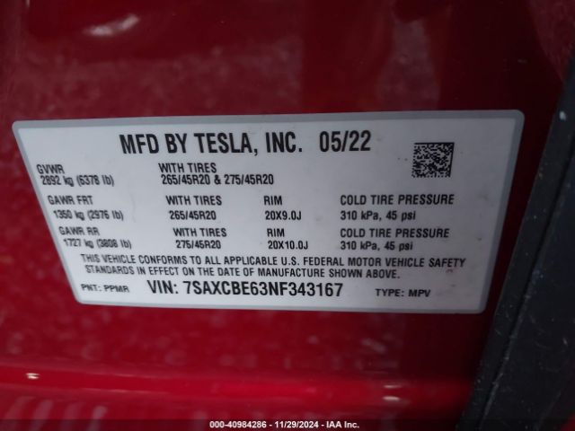 7SAXCBE63NF343167 Tesla Model X Plaid Tri Motor All-wheel Drive
