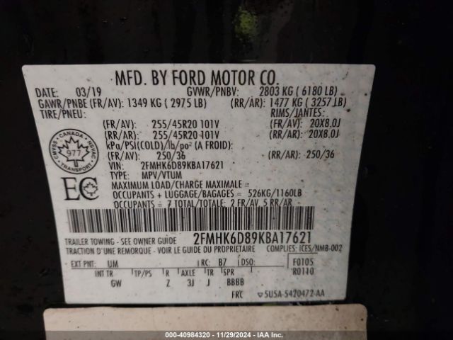2FMHK6D89KBA17621 Ford Flex Limited