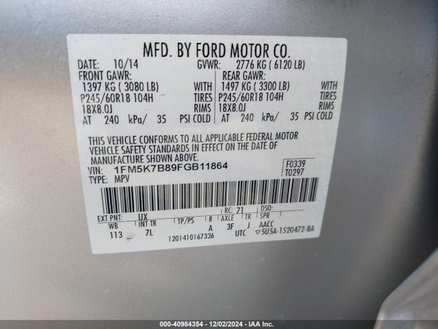 Ford Explorer 2015 1FM5K7B89FGB11864 Image 9