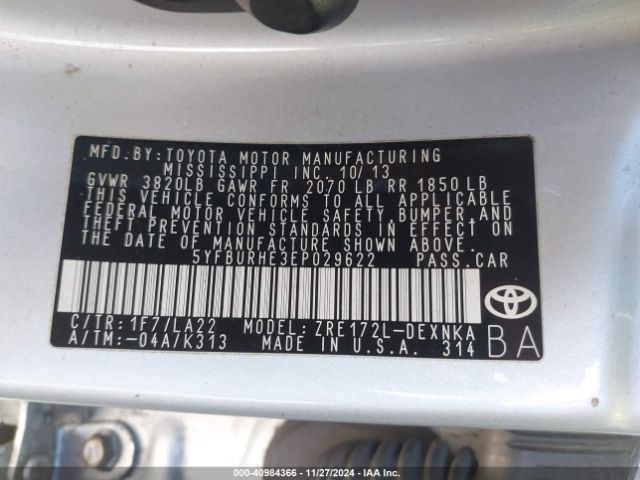 5YFBURHE3EP029622 Toyota Corolla L/le/le Pls/prm/s/s Pls