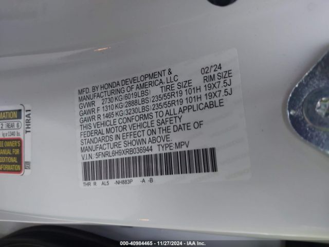 5FNRL6H9XRB036944 Honda Odyssey Elite
