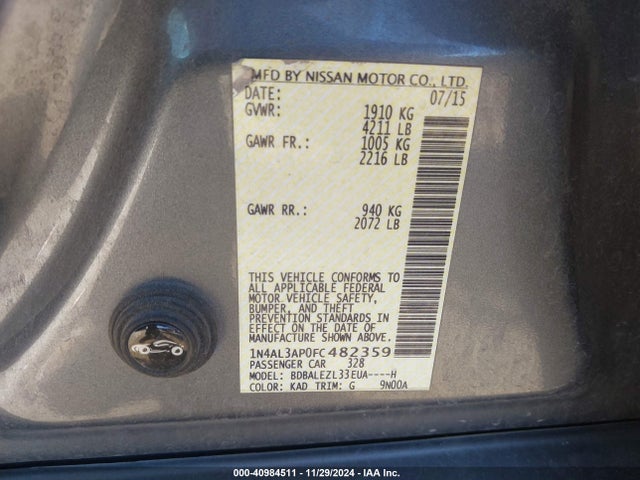 Nissan Altima 2.5 S 2015 1N4AL3AP0FC482359 Image 9
