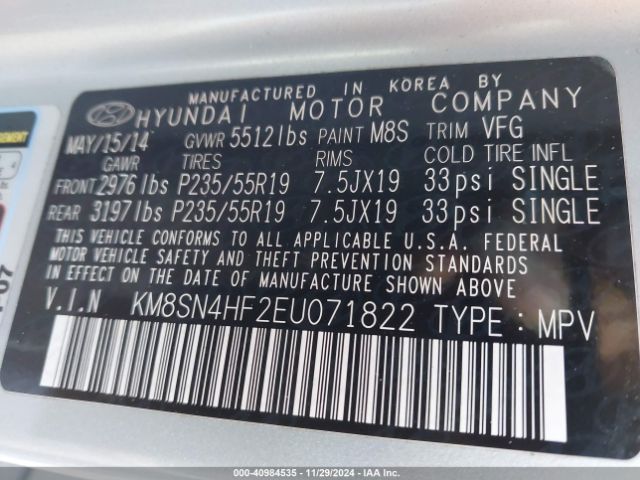 KM8SN4HF2EU071822 Hyundai Santa Fe Limited