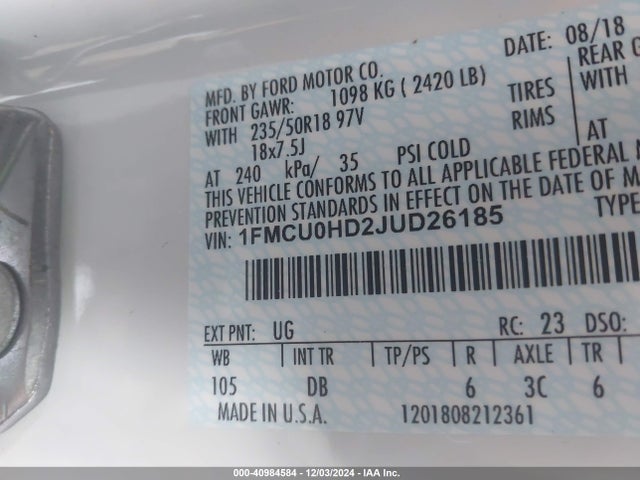 Ford ESCAPE SEL 2018 1FMCU0HD2JUD26185 Image 9