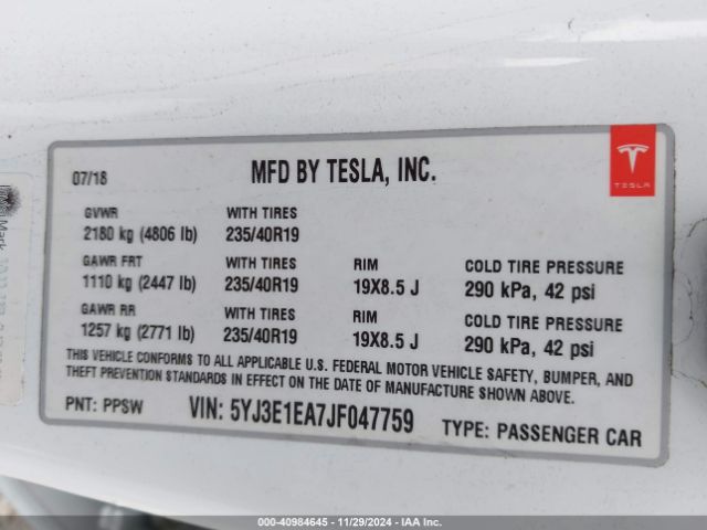 5YJ3E1EA7JF047759 Tesla Model 3 Long Range/mid Range