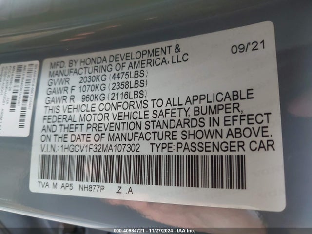 1HGCV1F32MA107302 Honda Accord Sport