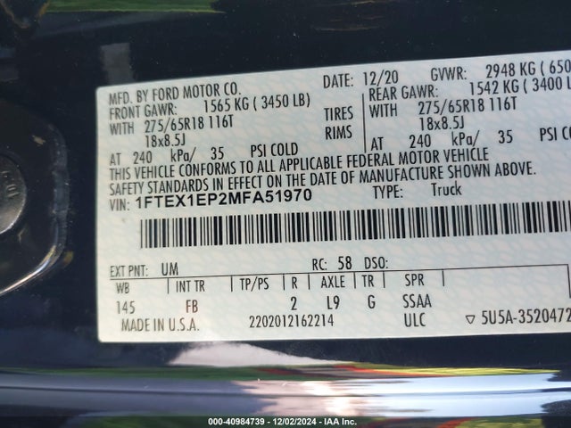 Ford F-150 Xlt 2021 1FTEX1EP2MFA51970 Image 9