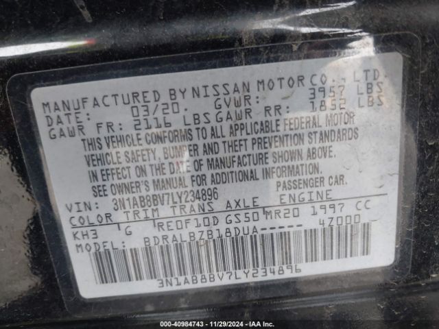 3N1AB8BV7LY234896 Nissan Sentra S Xtronic Cvt