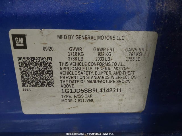 1G1JD5SB9L4142311 Chevrolet Sonic Fwd  Lt