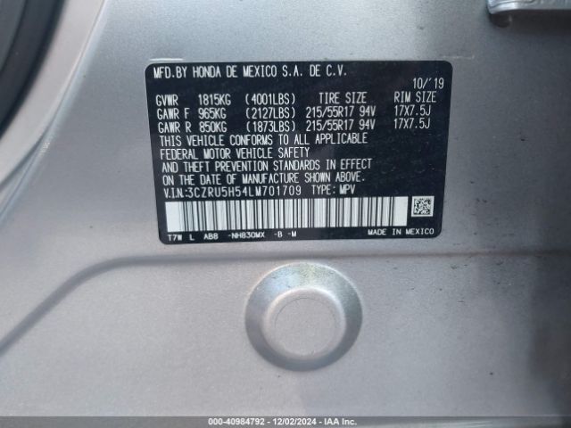 3CZRU5H54LM701709 Honda Hr-v 2wd Ex