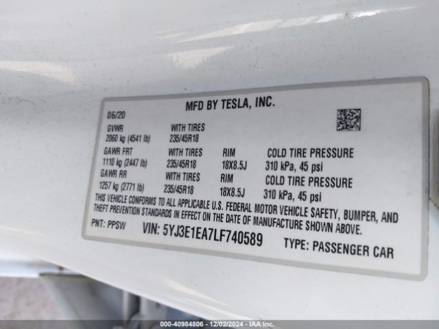 5YJ3E1EA7LF740589 Tesla Model 3 Standard Range Plus Rear-wheel Drive/standard Range Rear-wheel Drive