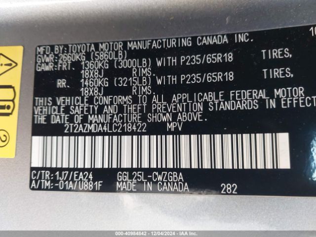 2T2AZMDA4LC218422 Lexus RX 350