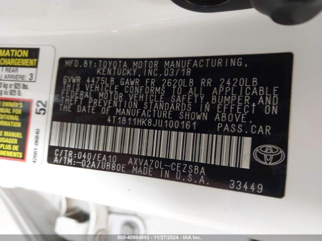 4T1B11HK8JU100161 Toyota CAMRY SE