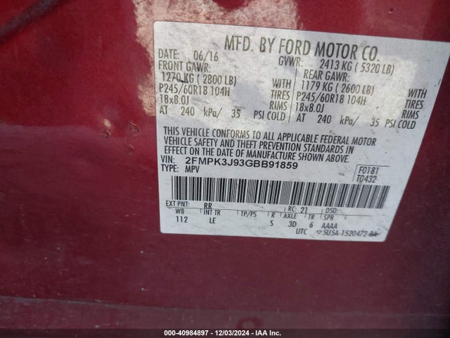 Ford EDGE SEL 2016 2FMPK3J93GBB91859 Image 9