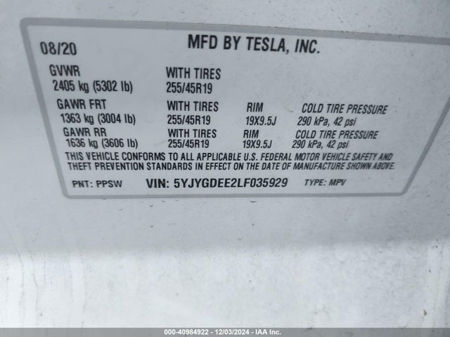 2020 TESLA MODEL Y 5YJYGDEE2LF035929 Photo 8