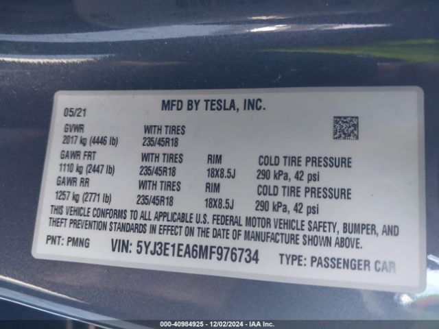 5YJ3E1EA6MF976734 Tesla Model 3 Standard Range Plus Rear-wheel Drive