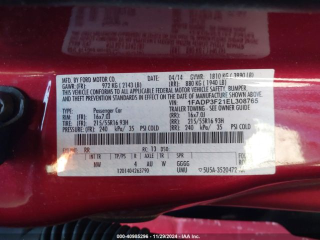 1FADP3F21EL308765 Ford FOCUS SE