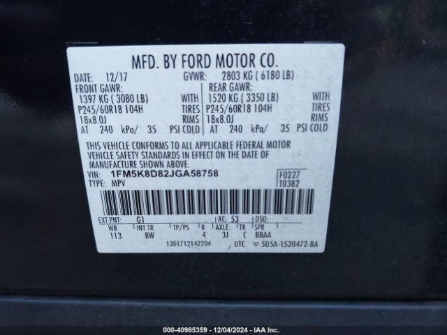 1FM5K8D82JGA58758 Ford EXPLORER XLT