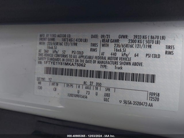 1FTYE1Y81MKA75062 Ford Transit-150 Cargo Van
