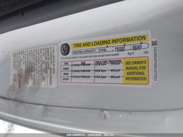 1GCWGAFGXK1273511 Chevrolet Express 2500 Work Van