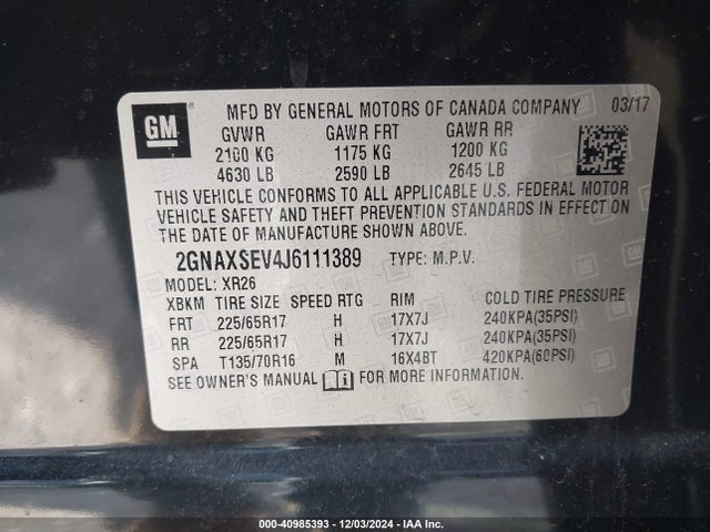 Aukcja sprzedaży 2018 Chevrolet Equinox Lt, vin: 2GNAXSEV4J6111389, numer aukcji: 40985393