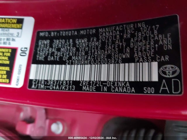 2T1BURHE0JC003876 Toyota COROLLA LE