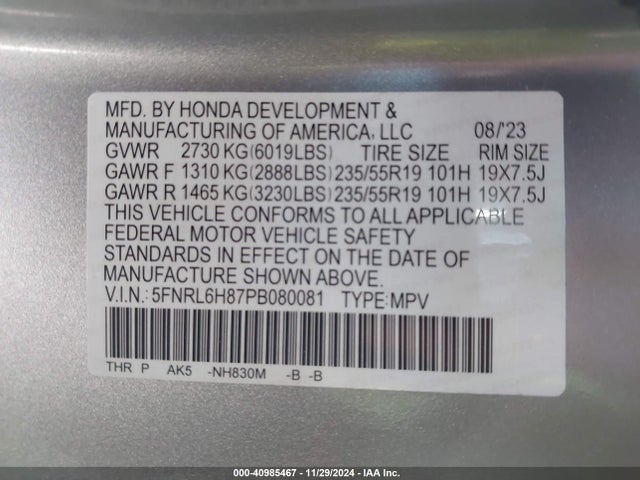 Honda Odyssey Touring 2023 5FNRL6H87PB080081 Image 9