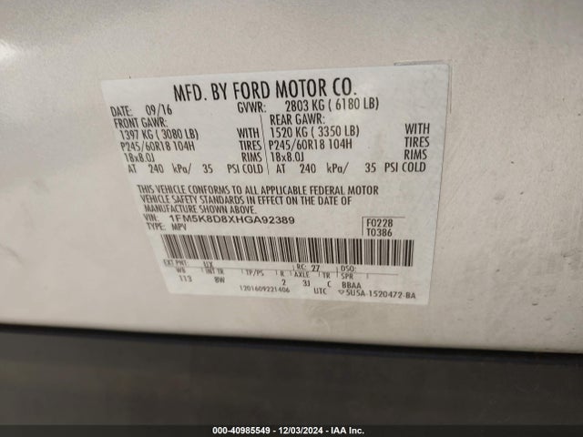 Ford EXPLORER XLT 2017 1FM5K8D8XHGA92389 Image 9