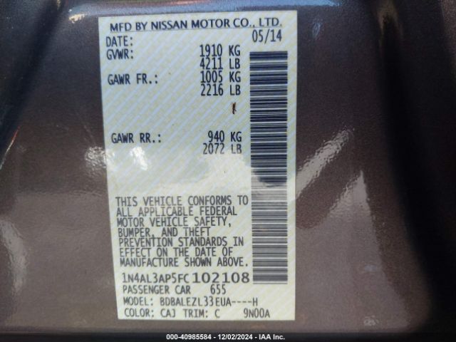 1N4AL3AP5FC102108 Nissan Altima 2.5 S