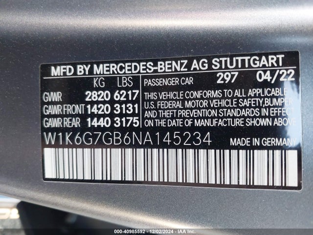 W1K6G7GB6NA145234 Mercedes-Benz S 580 4matic