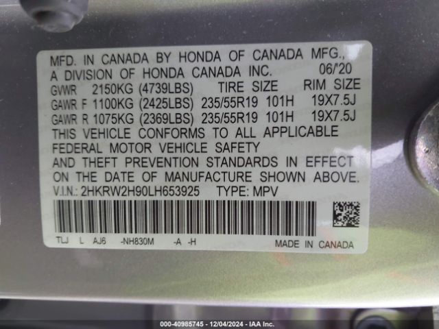 2HKRW2H90LH653925 Honda Cr-v Awd Touring